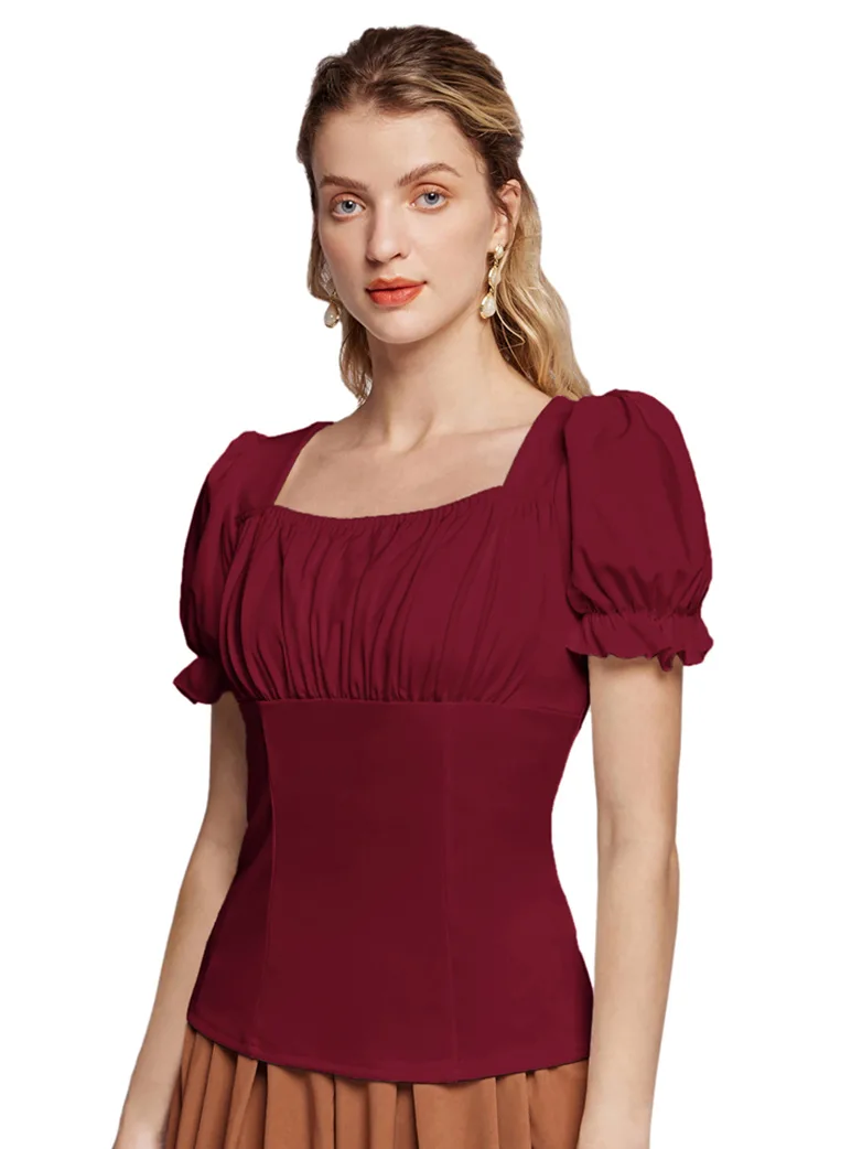 Victorian Pleated Ruched Slim Fit Short Sleeve Tops - Image 13