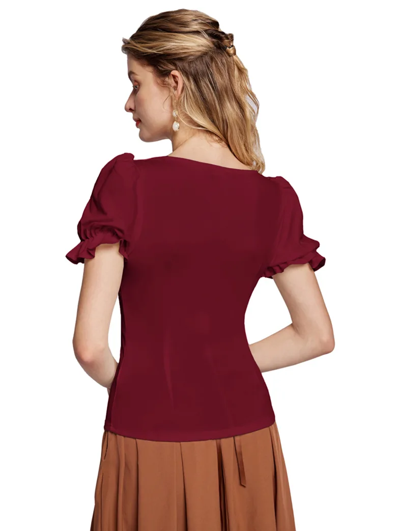 Victorian Pleated Ruched Slim Fit Short Sleeve Tops - Image 14