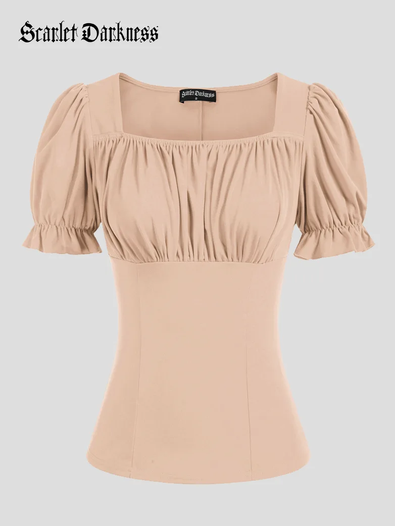 Victorian Pleated Ruched Slim Fit Short Sleeve Tops - Image 16