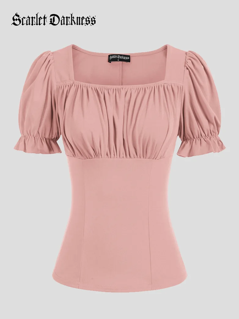 Victorian Pleated Ruched Slim Fit Short Sleeve Tops - Image 19