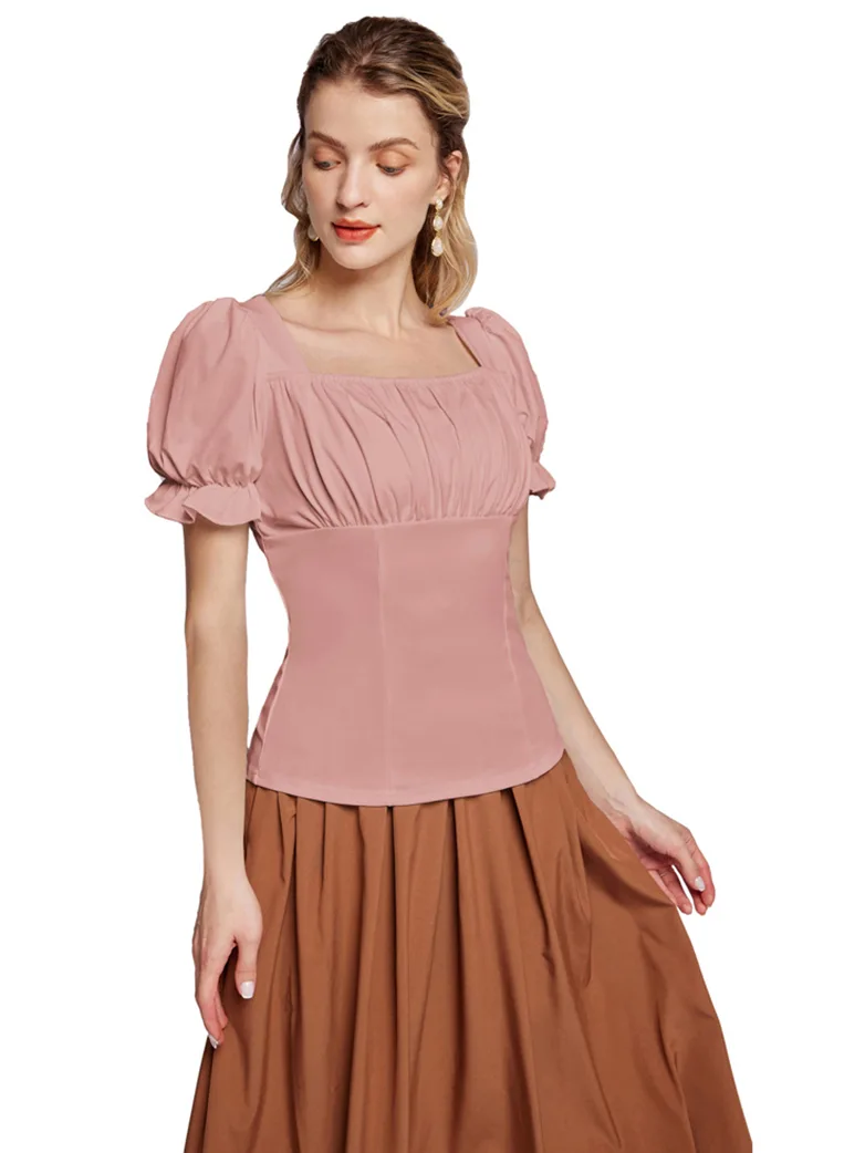 Victorian Pleated Ruched Slim Fit Short Sleeve Tops - Image 20