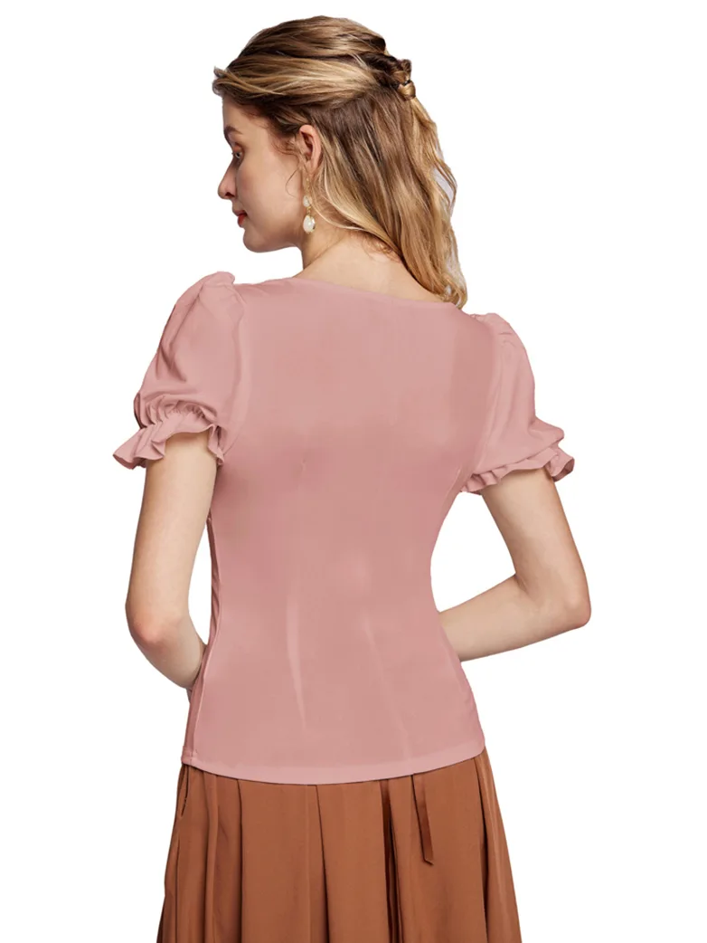 Victorian Pleated Ruched Slim Fit Short Sleeve Tops - Image 21
