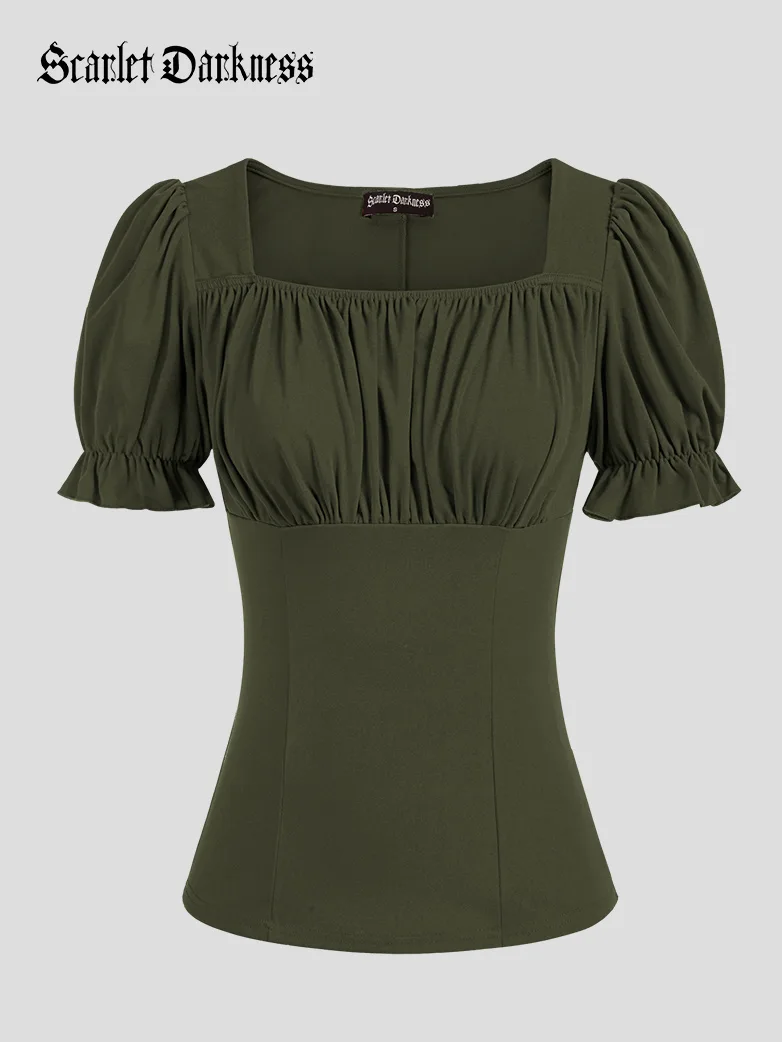 Victorian Pleated Ruched Slim Fit Short Sleeve Tops - Image 23
