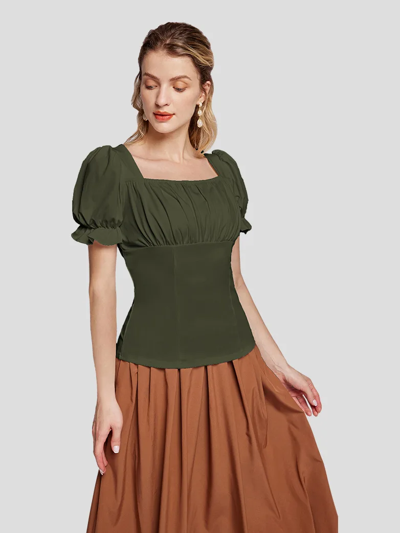 Victorian Pleated Ruched Slim Fit Short Sleeve Tops - Image 24