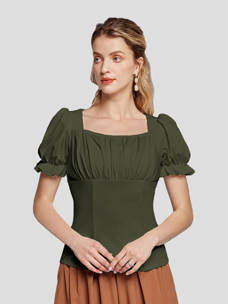 Victorian Pleated Ruched Slim Fit Short Sleeve Tops - Image 25