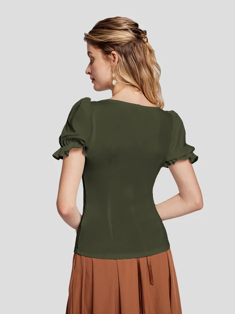 Victorian Pleated Ruched Slim Fit Short Sleeve Tops - Image 26