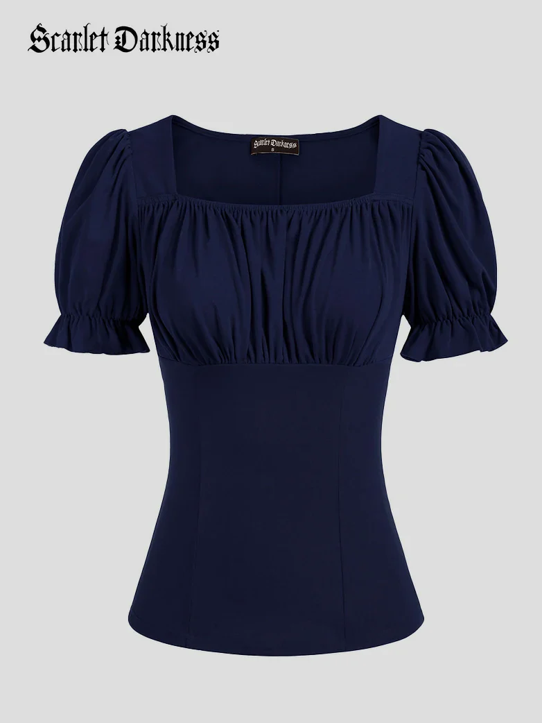 Victorian Pleated Ruched Slim Fit Short Sleeve Tops - Image 27