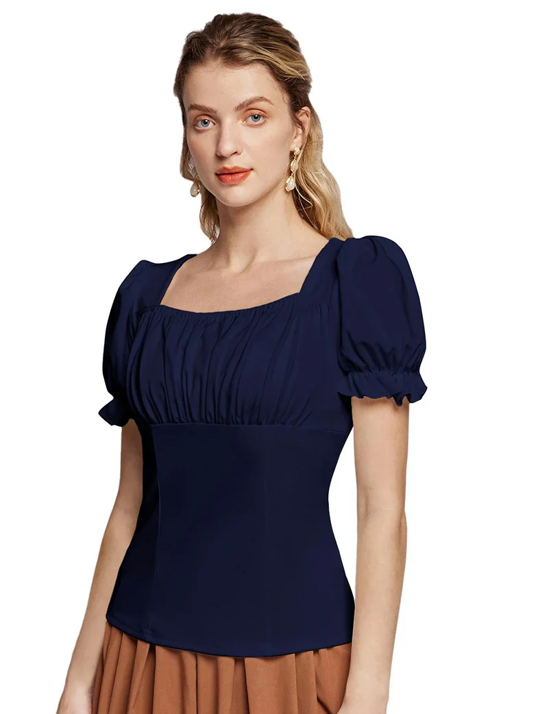 Victorian Pleated Ruched Slim Fit Short Sleeve Tops - Image 28