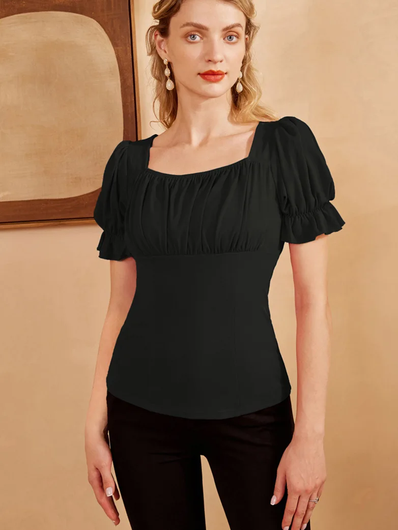 Victorian Pleated Ruched Slim Fit Short Sleeve Tops - Image 3