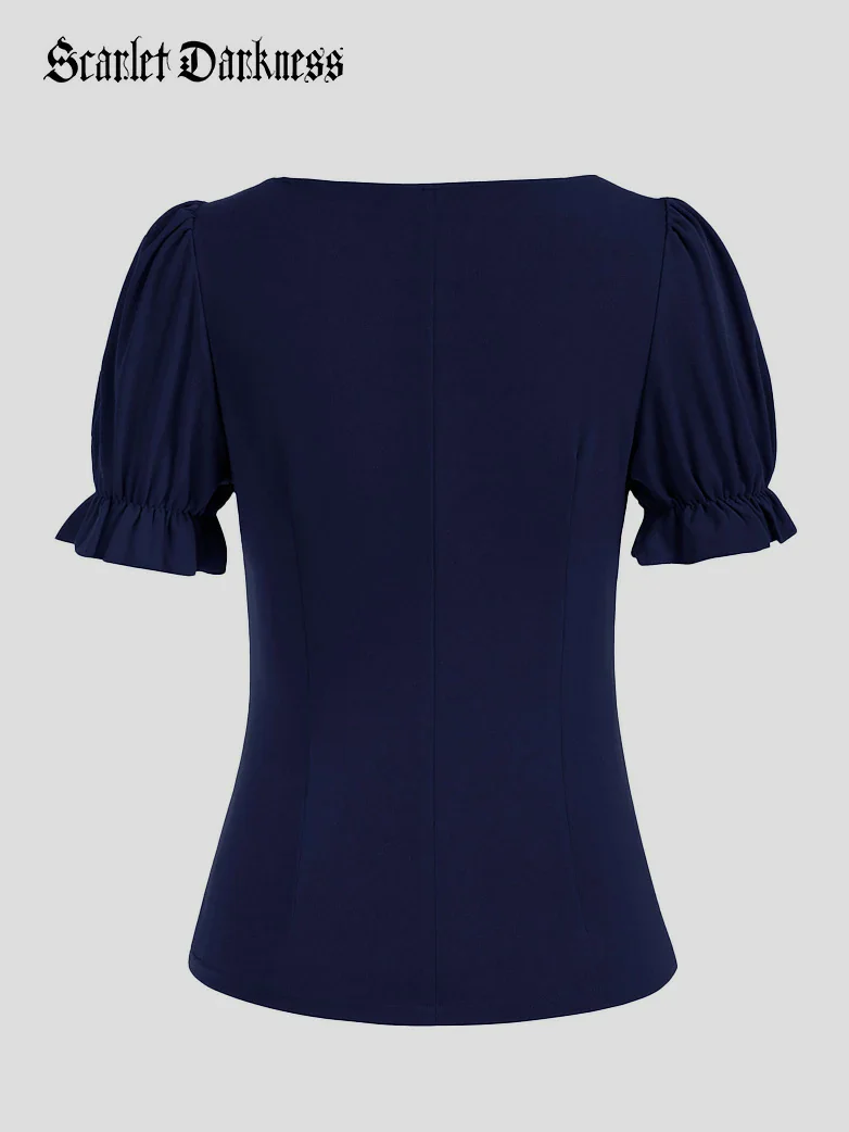 Victorian Pleated Ruched Slim Fit Short Sleeve Tops - Image 30