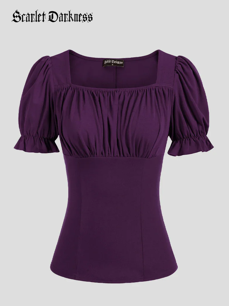 Victorian Pleated Ruched Slim Fit Short Sleeve Tops - Image 32