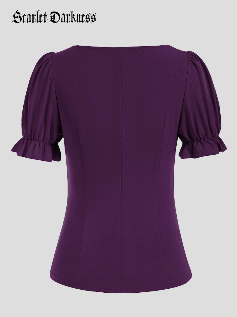 Victorian Pleated Ruched Slim Fit Short Sleeve Tops - Image 33