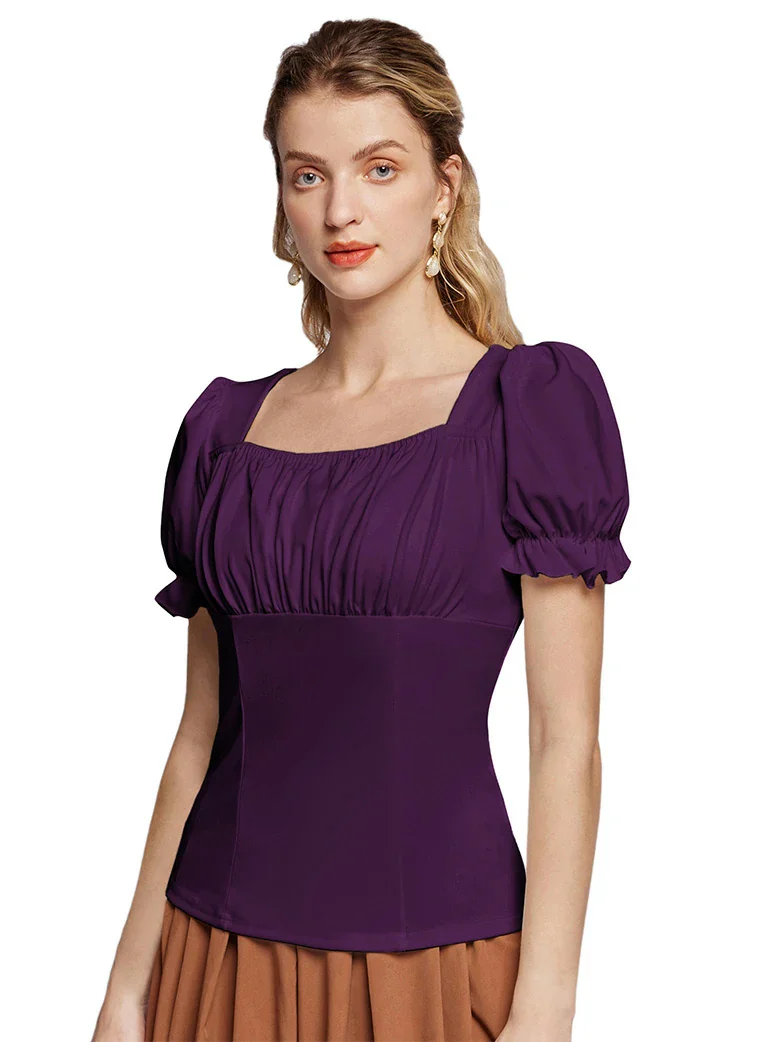 Victorian Pleated Ruched Slim Fit Short Sleeve Tops - Image 34