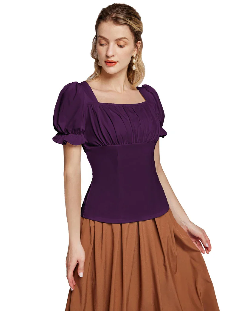 Victorian Pleated Ruched Slim Fit Short Sleeve Tops - Image 35