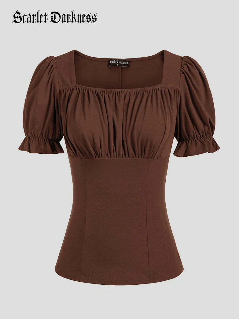 Victorian Pleated Ruched Slim Fit Short Sleeve Tops - Image 37