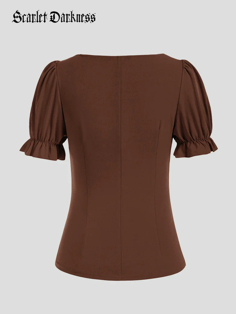 Victorian Pleated Ruched Slim Fit Short Sleeve Tops - Image 38