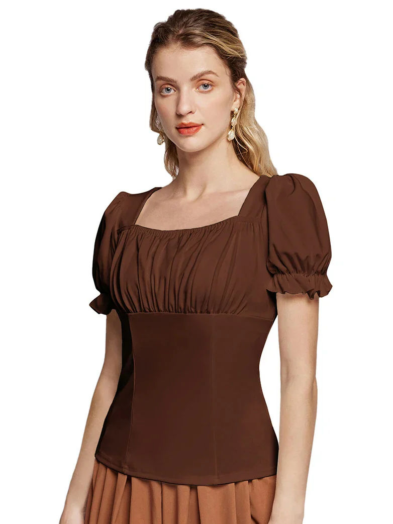 Victorian Pleated Ruched Slim Fit Short Sleeve Tops - Image 39