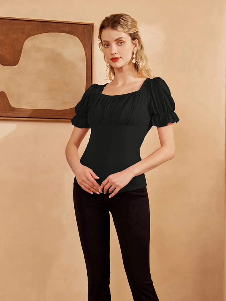 Victorian Pleated Ruched Slim Fit Short Sleeve Tops - Image 4