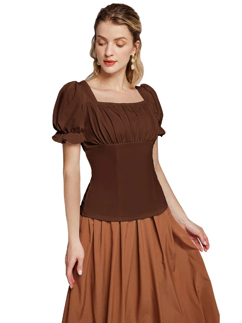 Victorian Pleated Ruched Slim Fit Short Sleeve Tops - Image 40