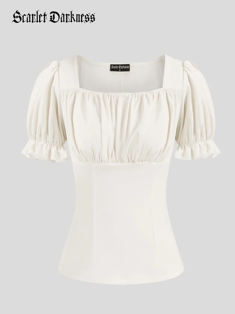 Victorian Pleated Ruched Slim Fit Short Sleeve Tops - Image 6