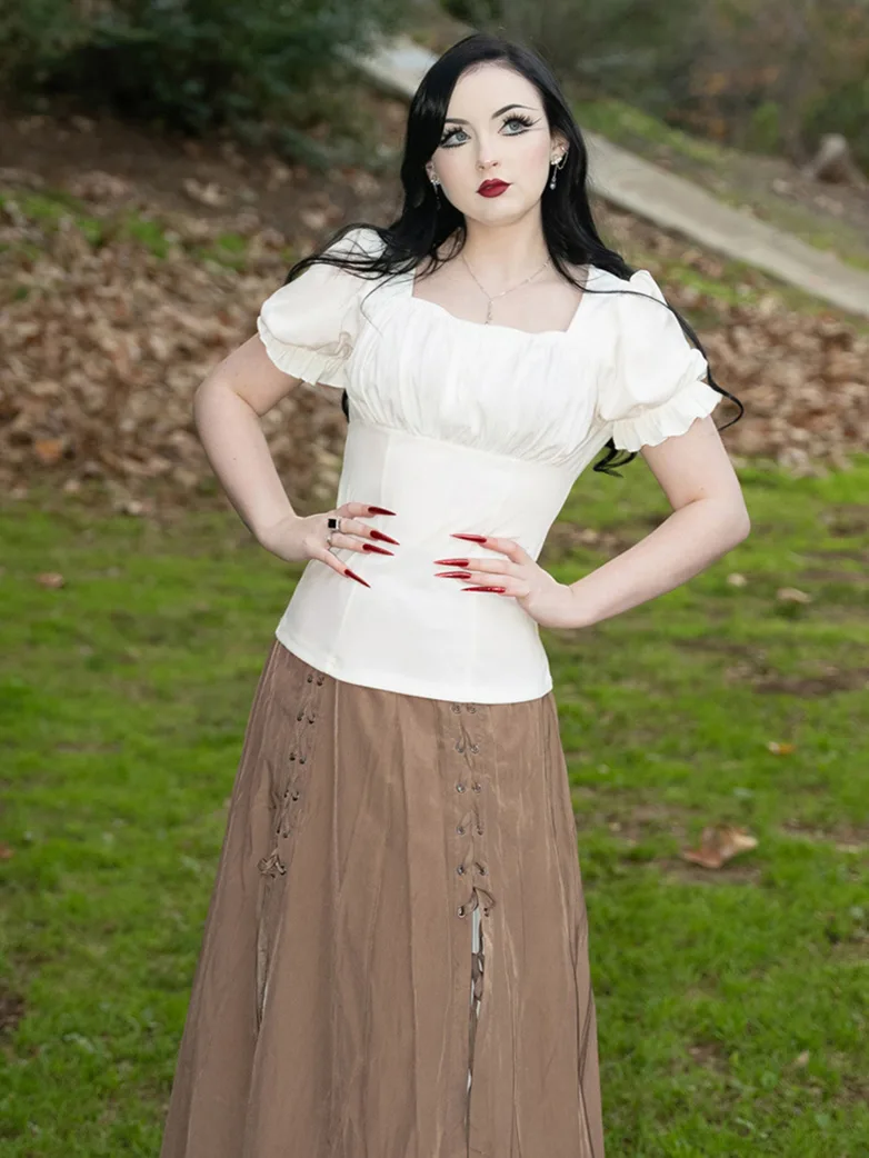 Victorian Pleated Ruched Slim Fit Short Sleeve Tops - Image 7