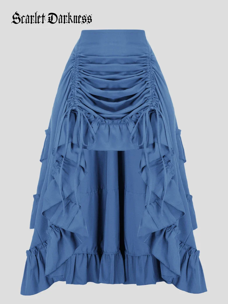 Length Adjustable Elastic Waist Ruffle Cake Maxi Skirt - Image 29
