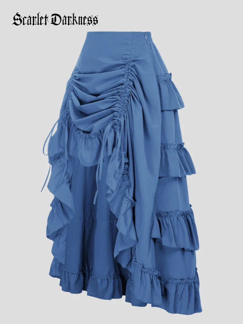 Length Adjustable Elastic Waist Ruffle Cake Maxi Skirt - Image 30