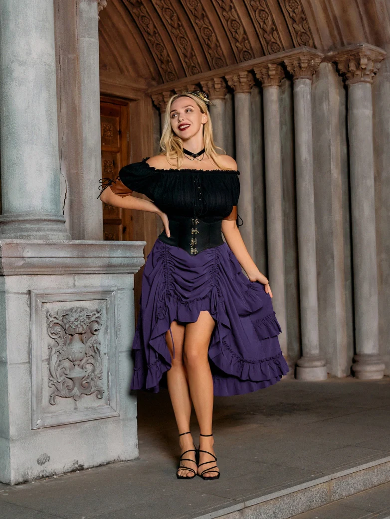 Length Adjustable Elastic Waist Ruffle Cake Maxi Skirt - Image 43