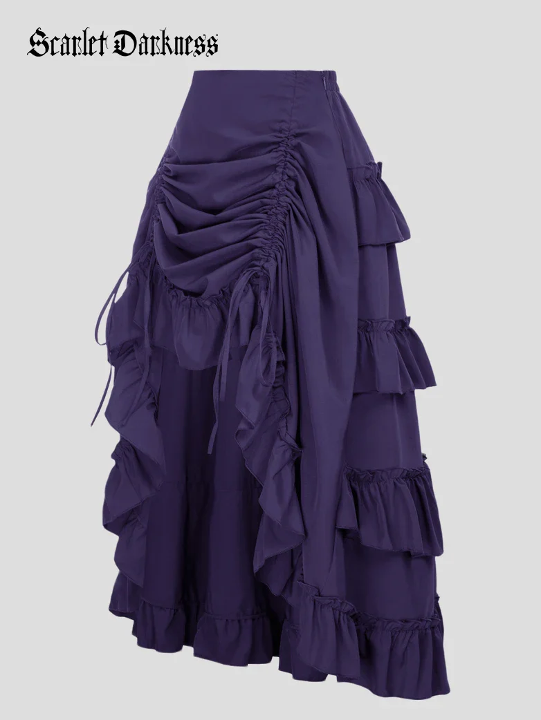 Length Adjustable Elastic Waist Ruffle Cake Maxi Skirt - Image 41