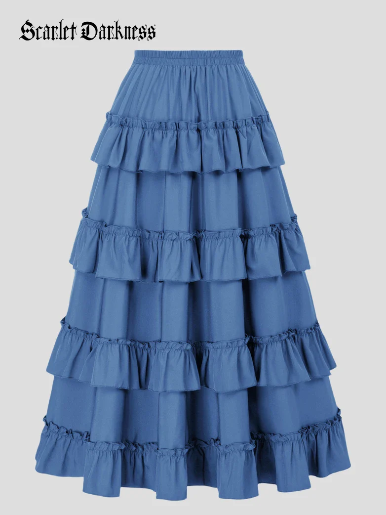 Length Adjustable Elastic Waist Ruffle Cake Maxi Skirt - Image 31