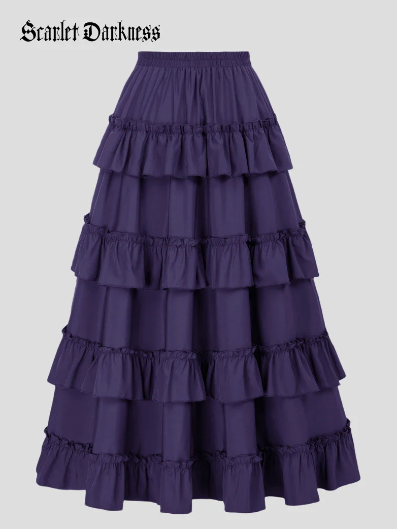 Length Adjustable Elastic Waist Ruffle Cake Maxi Skirt - Image 42