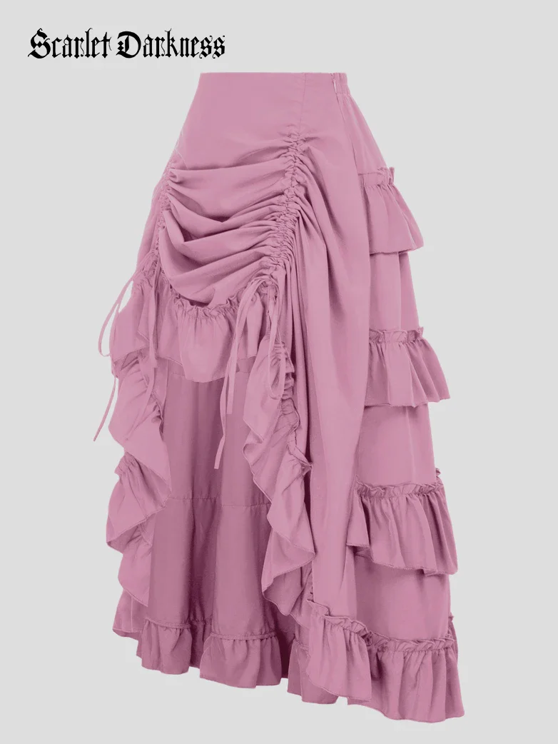 Length Adjustable Elastic Waist Ruffle Cake Maxi Skirt - Image 36