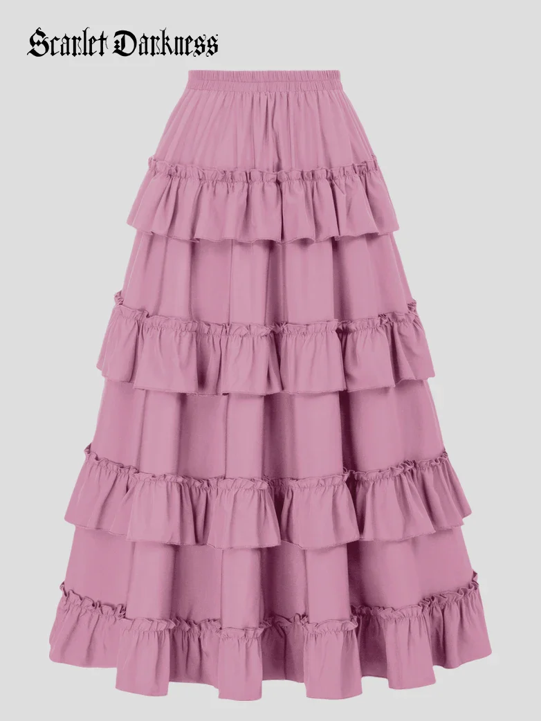 Length Adjustable Elastic Waist Ruffle Cake Maxi Skirt - Image 37