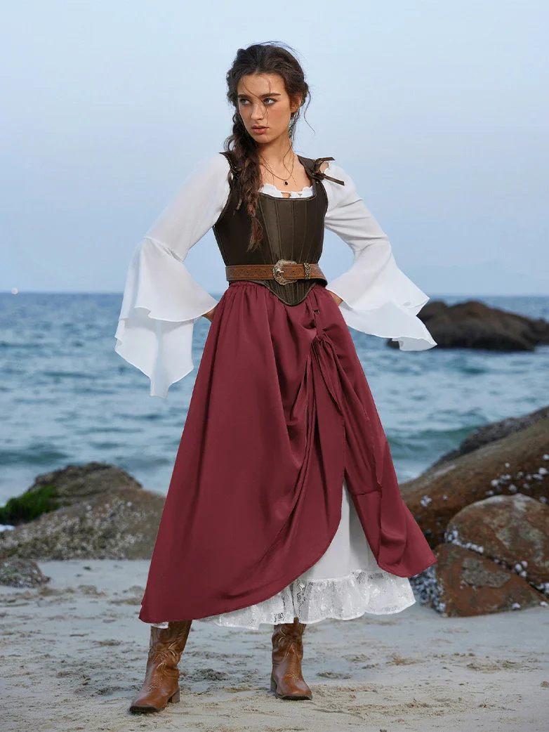 Renaissance Elastic Waist Double-Layer Lace Hem Long Skirts - Image 10