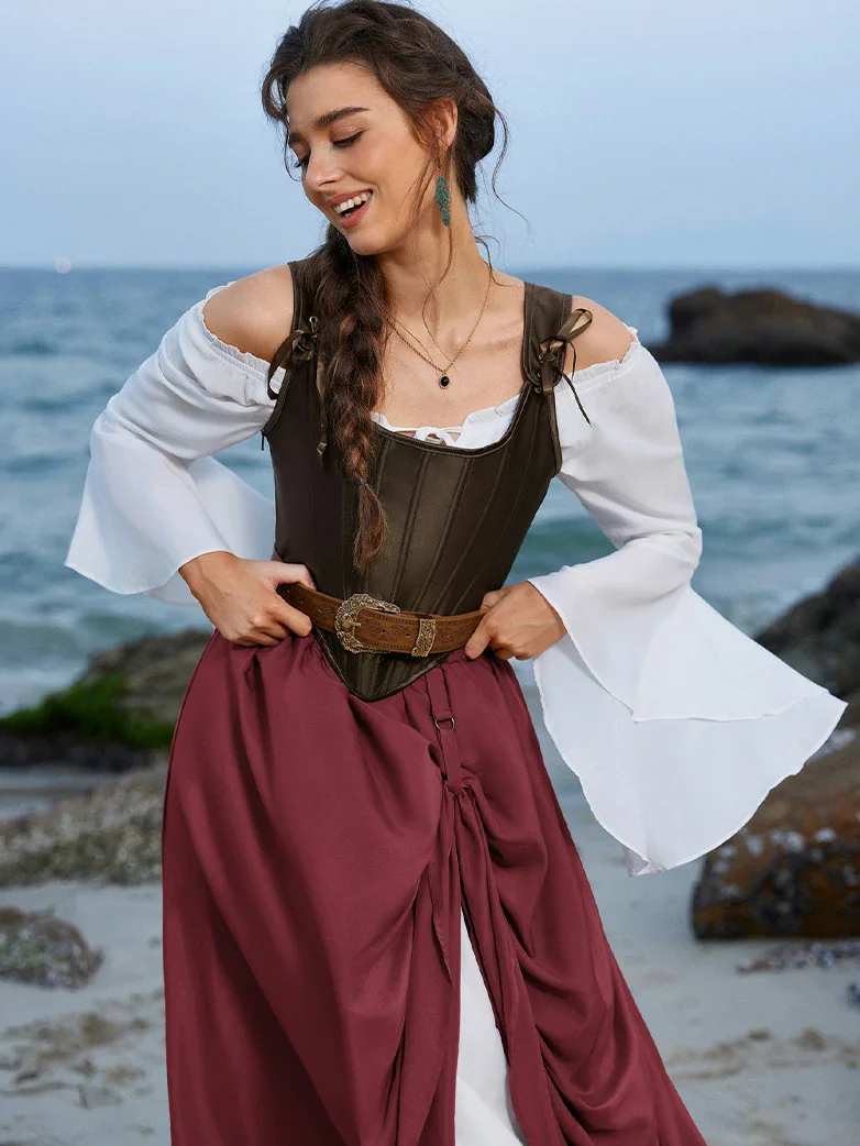 Renaissance Elastic Waist Double-Layer Lace Hem Long Skirts - Image 12