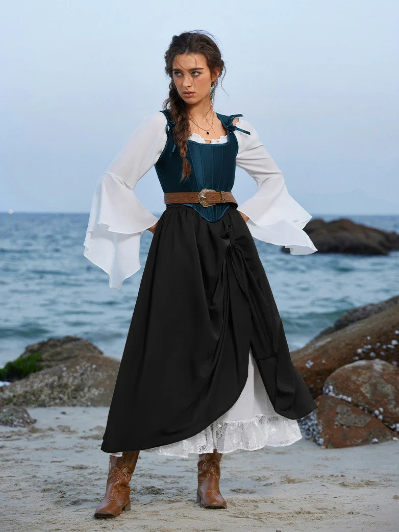 Renaissance Elastic Waist Double-Layer Lace Hem Long Skirts - Image 14