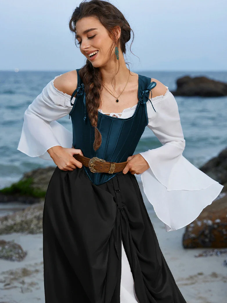 Renaissance Elastic Waist Double-Layer Lace Hem Long Skirts - Image 16