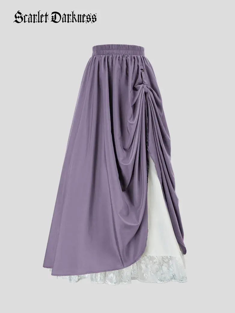 Renaissance Elastic Waist Double-Layer Lace Hem Long Skirts - Image 17