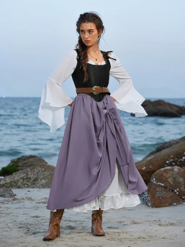 Renaissance Elastic Waist Double-Layer Lace Hem Long Skirts - Image 18