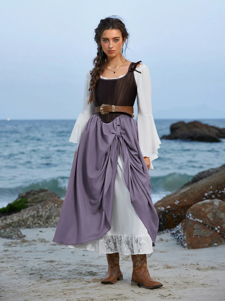 Renaissance Elastic Waist Double-Layer Lace Hem Long Skirts - Image 19