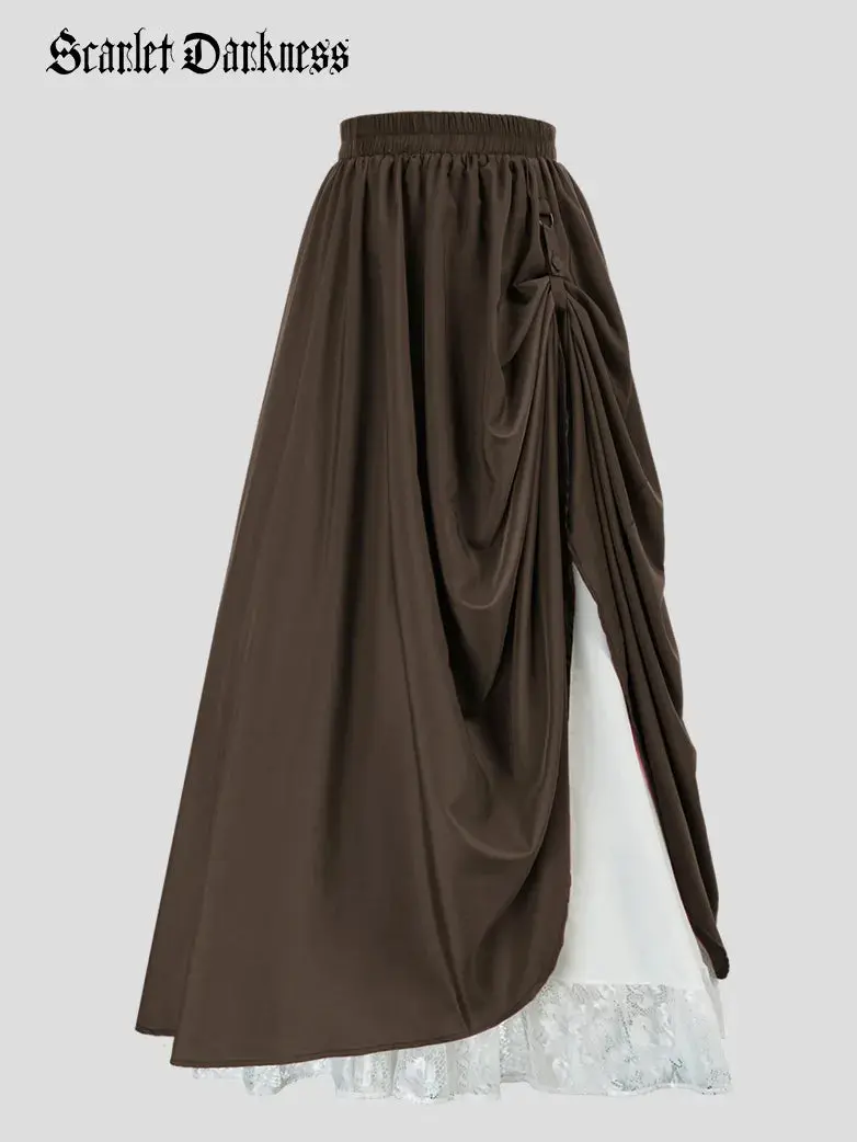 Renaissance Elastic Waist Double-Layer Lace Hem Long Skirts - Image 21