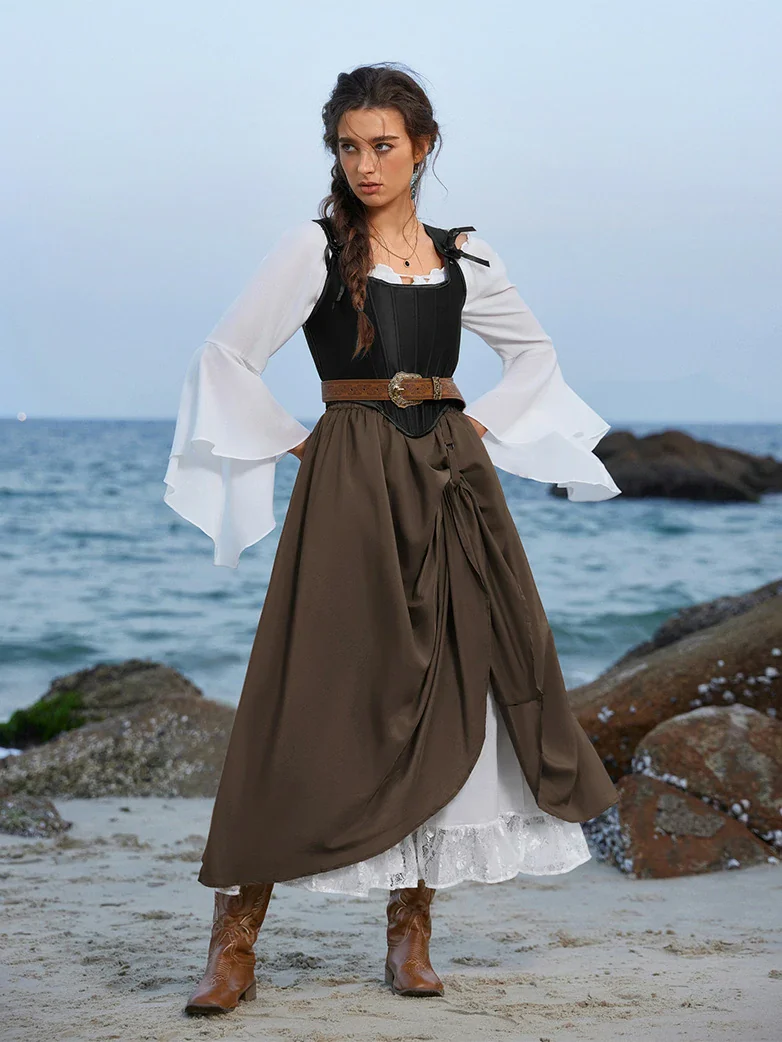 Renaissance Elastic Waist Double-Layer Lace Hem Long Skirts - Image 22