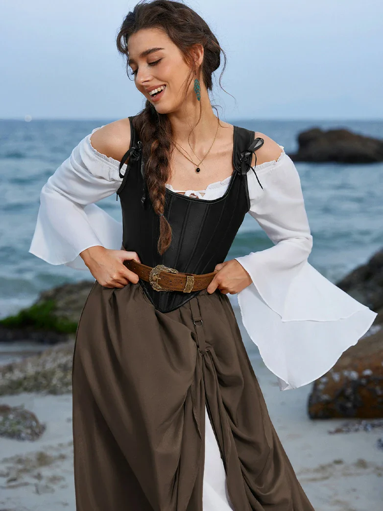 Renaissance Elastic Waist Double-Layer Lace Hem Long Skirts - Image 23