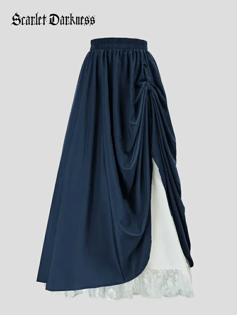 Renaissance Elastic Waist Double-Layer Lace Hem Long Skirts - Image 27
