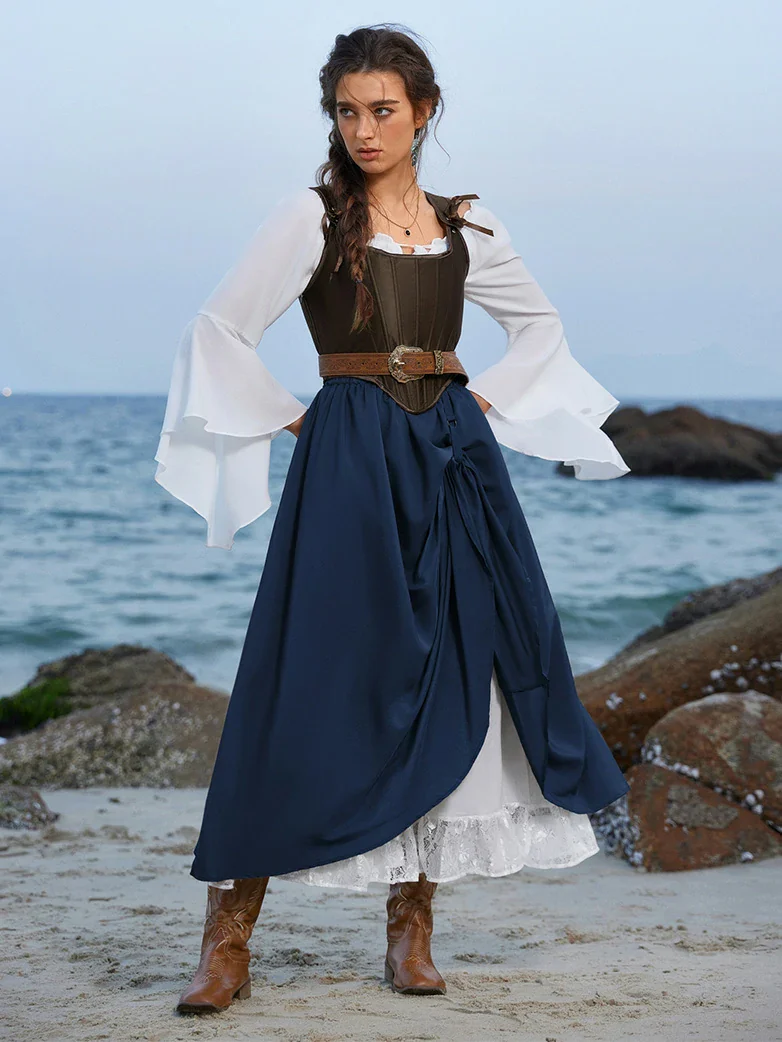 Renaissance Elastic Waist Double-Layer Lace Hem Long Skirts - Image 29