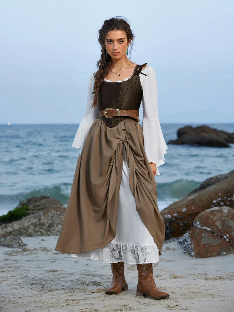 Renaissance Elastic Waist Double-Layer Lace Hem Long Skirts - Image 3