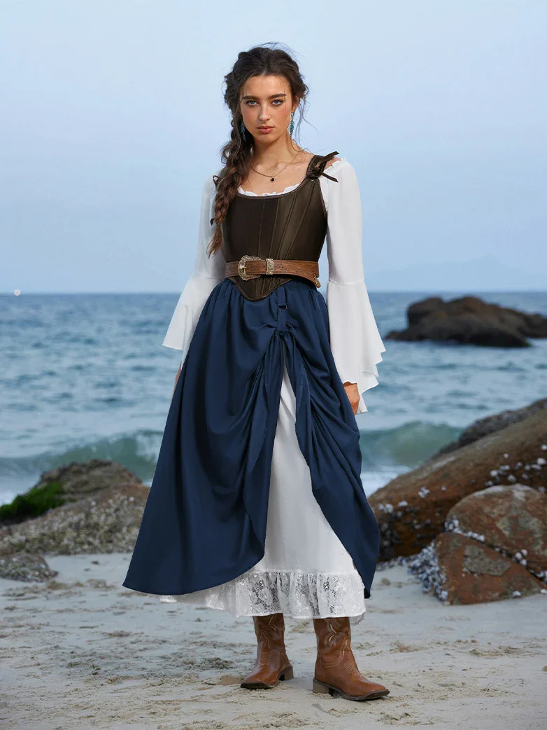 Renaissance Elastic Waist Double-Layer Lace Hem Long Skirts - Image 30