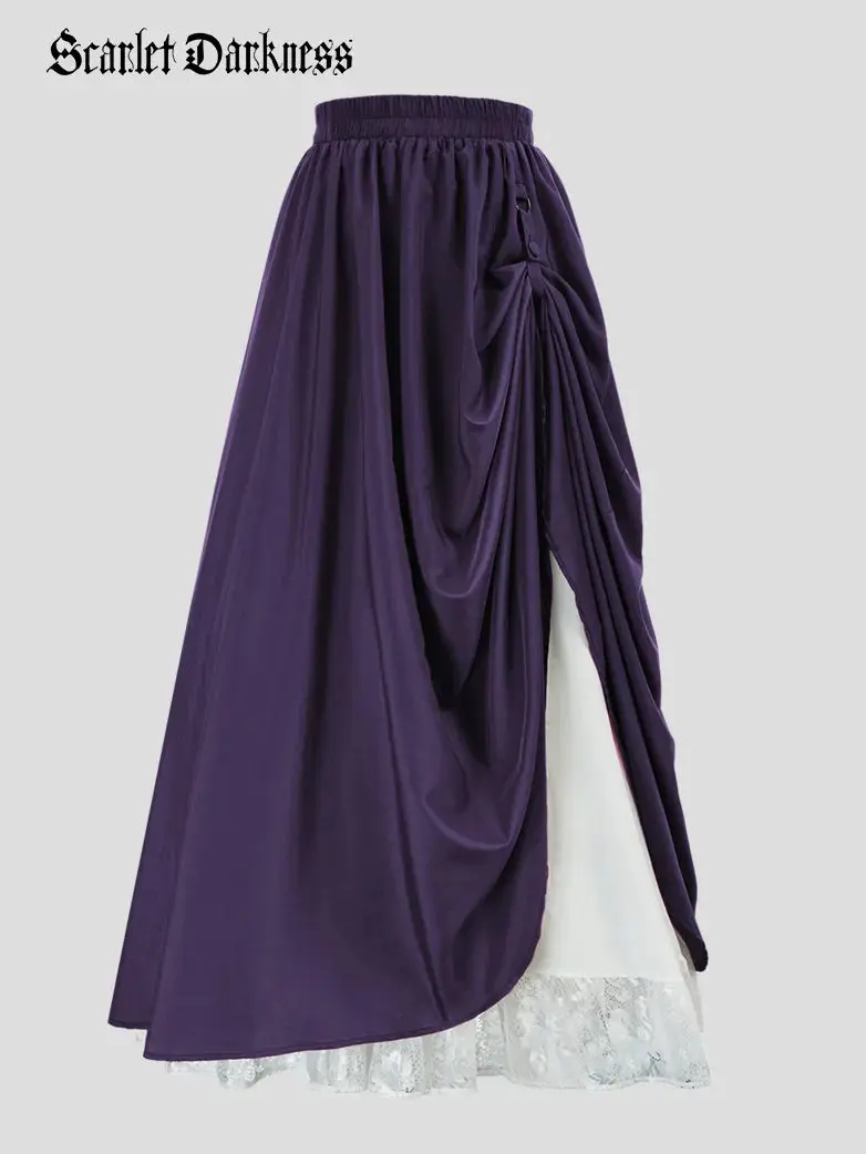 Renaissance Elastic Waist Double-Layer Lace Hem Long Skirts - Image 31