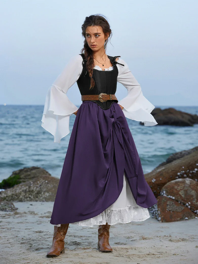 Renaissance Elastic Waist Double-Layer Lace Hem Long Skirts - Image 32