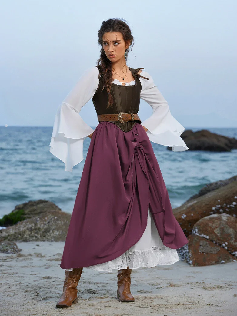 Renaissance Elastic Waist Double-Layer Lace Hem Long Skirts - Image 37